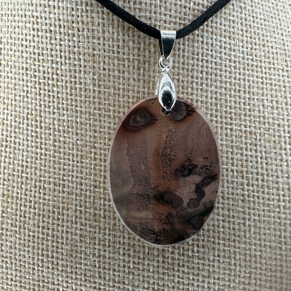 Oval Red Flower Picture Jasper Pendant on Black Satin Rope - Picture 2 of 13